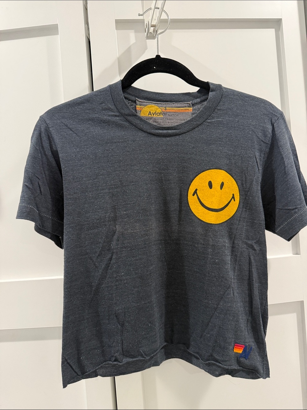 Aviator Nation Women’s Charcoal Tee with Yellow Smiley Graphic